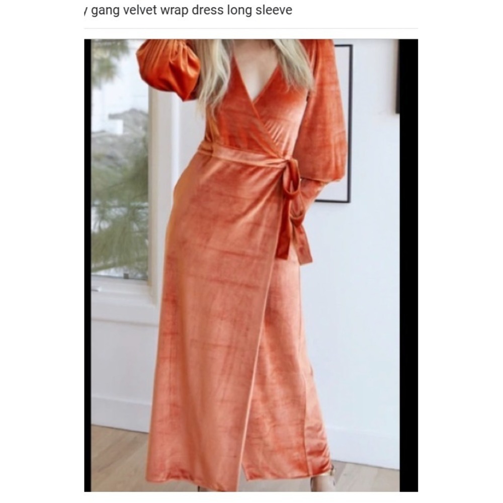 LADYGANG Dress Womens Small Orange Velvet Wrap V-Neck Long Sleeve Maxi NEW